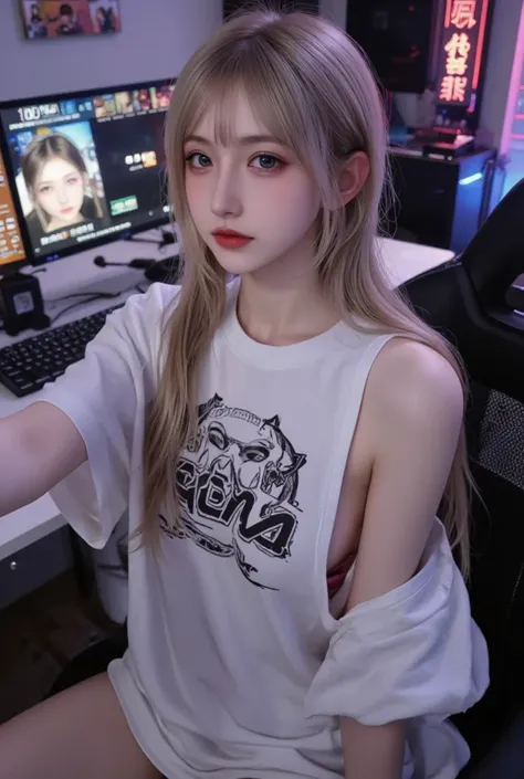  1girl ,Alone,two-toned hair,blonde hair,aqua hair,long twintails,hair over one eye,slender body,small breasts,long oversized T-shirt,gamer girl,one bare shoulder,losing shirt, bare legs,one arm out selfie,sexy pose,dynamic angle,detailed background,gamer ...