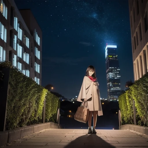 Night Sky, city,   1 girl in the bush,  standing, Alone,  full body, , Maribe,  Puff Sleeve ,  Cape, bag