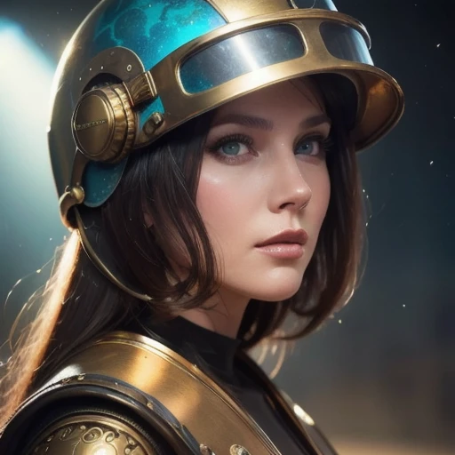 Close-up of a woman wearing a helmet、Rhino-fillet,  Boris Vallejo and Tom Bagshaw , Prophet graphic novel, Space Artifact, Inspired by Earl Norem, Deep Dream, Awarded at cgsociety,  teeth、Amy Adams looking through the whole picture  ,  looks like Golden Tu...