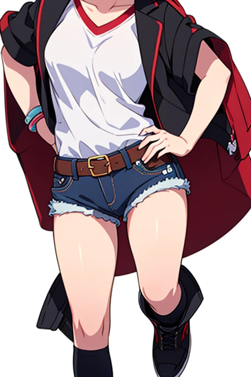 white background and full body, anime girl, white shirt, black shorts, denim shorts, short shorts, belt