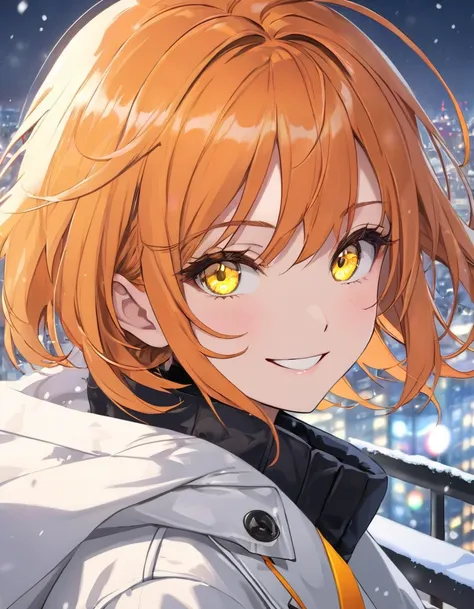  adult woman,  short orange hair and neon yellow eyes、 face close-up、 wearing a white duffle coat、 snows、 and the fearless smile 、Glare、grey european cityscape background