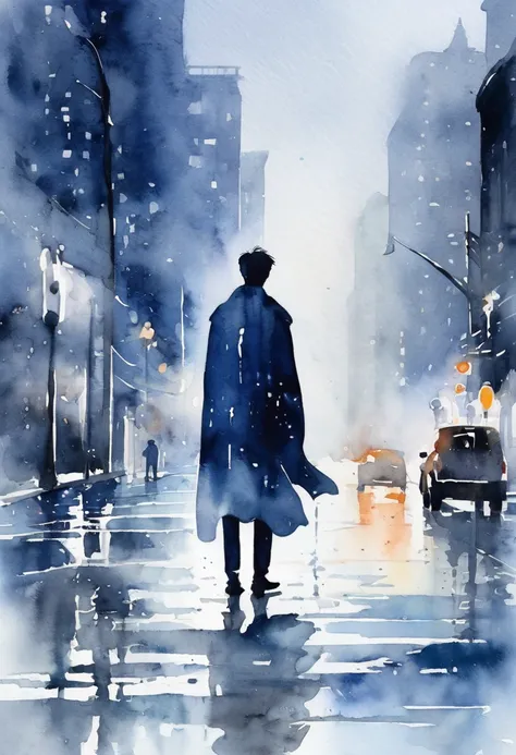 A delicate watercolor composition shows the silhouette of a man standing at the edge of a quiet city street. The background is awash with soft, flowing tones of ash gray and navy blue, blending seamlessly to create the look of rain streaks and distant city...