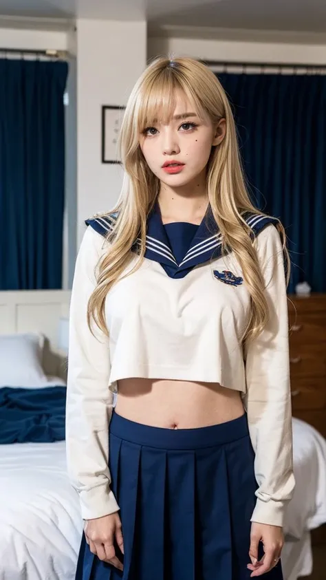 ( best quality )( in detail)(Masterpiece) schoolgirl、Big Breasts、(mole under eye)(slant eyes:1.2)(Blonde:1.3)、(parted bangs:1.2)( Straight Long Hair)、 red lips、 Long Sleeve、( navy blue sailor suit:1.2)( white scarf:1.2)、( long skirt、 navy blue pleated skir...