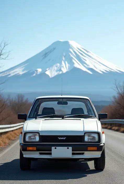 Daihatsu charade 1986 model 2 door in white color with Fuji mountain in the back