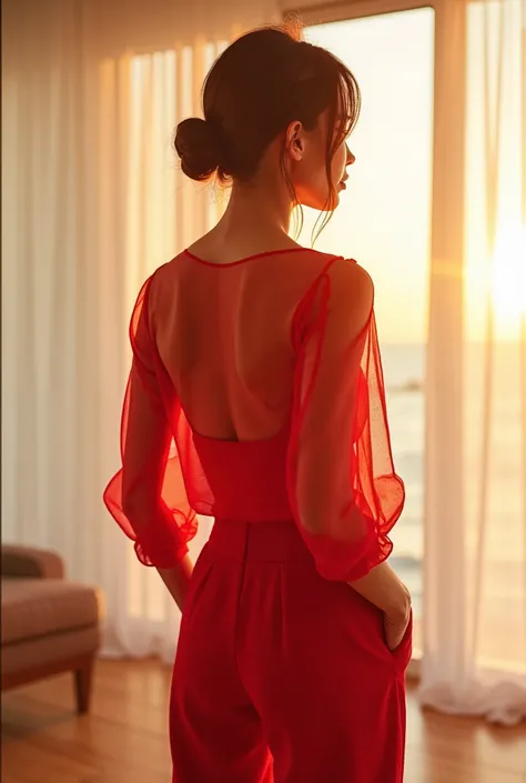 high quality, 8K Ultra Woman in a transparent red blouse for a fashion try-on haul, standing in a bright, minimalist dressing room, soft natural light illuminating her, detailed close-up of the blouse fabric, paired with high-waisted trousers, playful yet ...