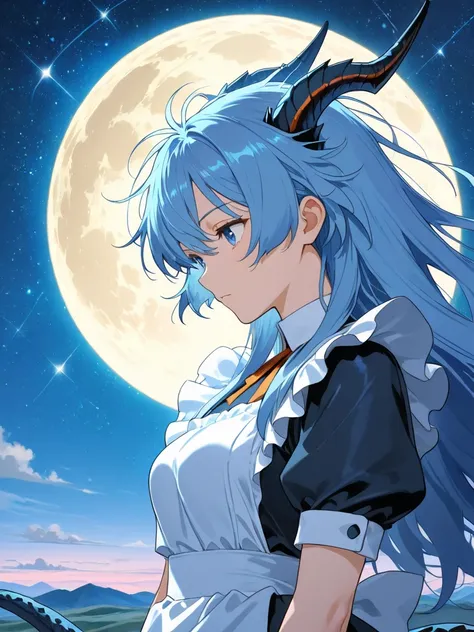 A highly condensed beauty dressed as a maid in the river and the sky, Concept art inspired by Dan da dan ,  short, disheveled hair,  blue hair,  blue eyes, Horns, alas, claws, dragon tail,  Winner of the pixiv ,  envelopes, Fantastic Art, beautiful anime s...