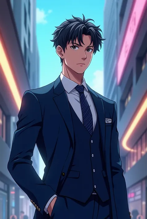 Young man with short wavy hair, wearing a dark blue suit,  anime style