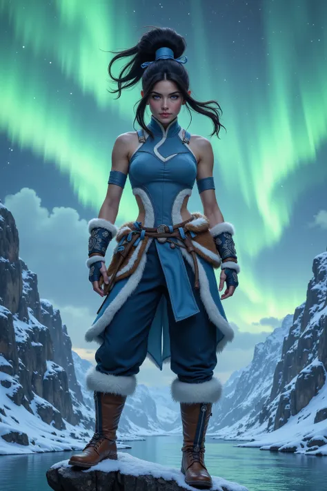 In a breathtaking arctic landscape, vivid green and purple auroras ripple across the night sky, their glow reflecting off the icy river and snow-covered mountains. Korra stands atop a jagged, frost-covered rock near the riverbank, her stance strong and gro...