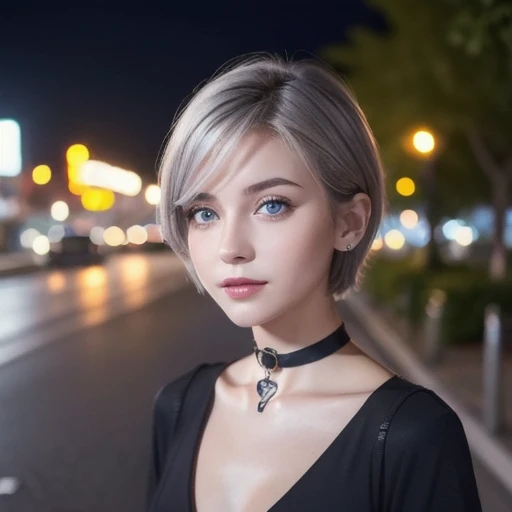 Masterpiece,  best quality ,  1 girl in the bush, small, small breasts, short hair while on a business trip,Gray Hair, keen teeth,tooth, choker,blue eyes, heart-shaped pupils,Demon Horn,,(Outdoors,pavement,Signal,road signs), watching viewers with the harb...