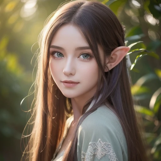 (( best quality ))) ((( high resolution))) (((8k))) ( character)  20 year old girl, ((Adventurous)) Elf, (( beautiful))  (( happy)), (( tea hair))  (( long hair)).