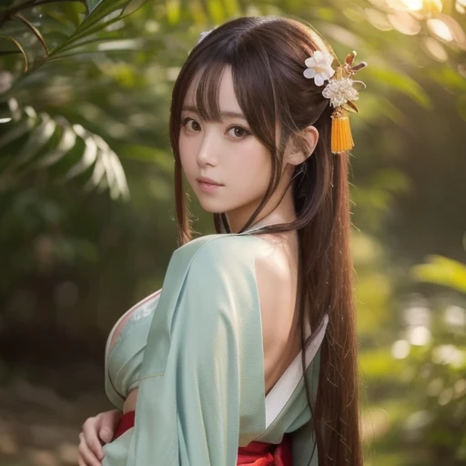 Asuna, Masterpiece,  best quality ,   Details, ( 1 girl in the bush), Alone,   Details golden eyes,  long hair,  standing,  On, (  Details kimono), A faint smile,  Medium Boobs ,  ( cross your arms on your back), water, sunset, (  hair ornament), (Sakura n...