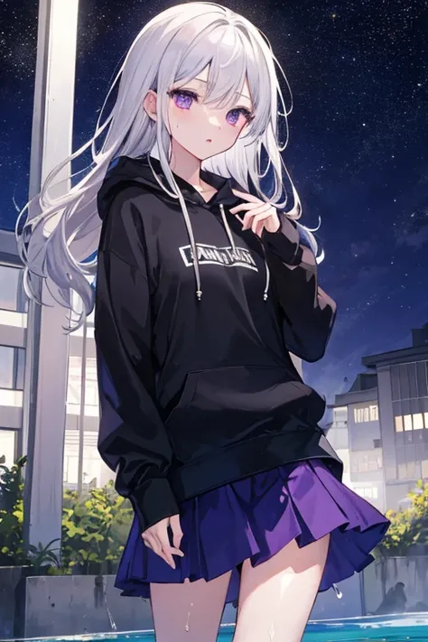 (( best quality )), ((Masterpiece)), (  Details),  1 girl in the bush, black hoodie , Silver Hair, long hair,Buildings,Wet with water, wearing a system facing up, starry sky , purple eyes, skirt ,night