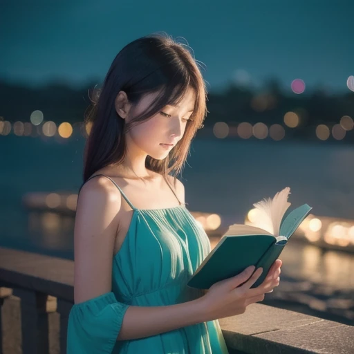 ( best quality , Masterpiece),  1 girl in the bush,  reading a book, particle, wind, flower,  upper body,   simple background,  watching viewers with the harbor at night in the background ,  iridescent hair , turquoise short floating dress, Space, nebula, ...