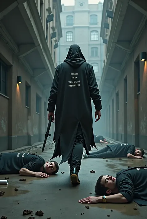 Create an image of an assassin named Ruvelius doing his job I want to have RUVELIUS written on the back of the suit and I want people sleeping on concrete on the floor to be realistic without guns