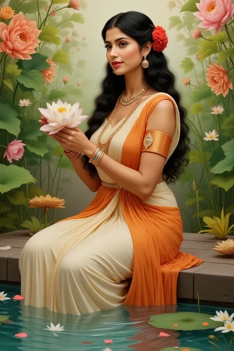 . A serene, realistic, colourful painting. elegant, beautiful Indian woman sitting by a water pond surrounded by lush green foliage and blooming flowers. She is wearing a traditional sari in soft cream and vibrant orange, with intricate jewellery, includin...