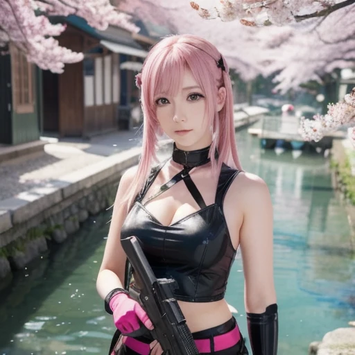  An anime girl with pink hair and green eyes is posing for a photo, Sakura Haruno,  Best Anime 4K Conachan Wallpaper  ,  a seductive anime girl ,  Kitagawa Marin's Fan Art , Cherry blossom petals around her,  splash art anime Lori ,  anime style 4k with AK...