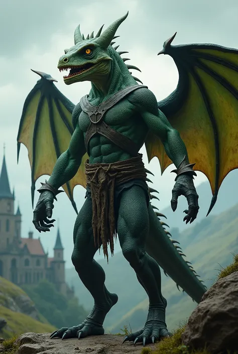 Humanoid creature that looks like a mix of lizard human and dragon, wearing a black armor, a dark humanoid creature figure, medieval fantasy theme