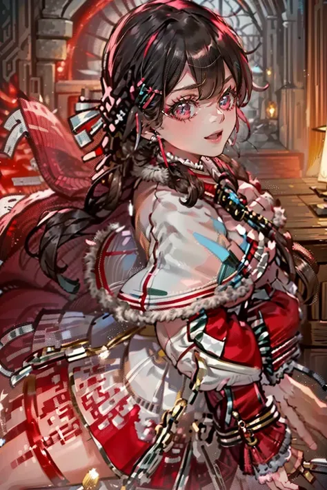 (masterpiece, best quality:1.2), 1girl, solo, black hair, red eyes, long hair, braids, (((red caplet, red coat of winter's outer, fur trim))), red knee high boots, bare thighs, (((full clothed, shoulders clothed))), red skirt, hair ornament, lolita, small ...