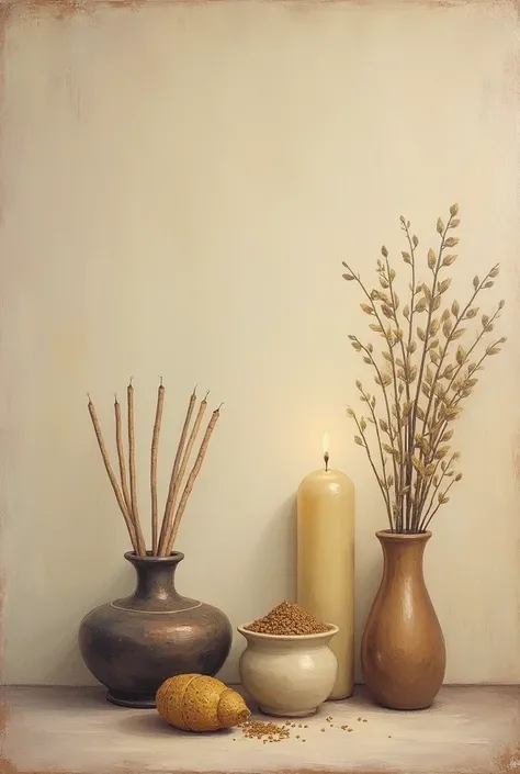  old oil painting on canvas in light pastel colors of incense sticks, shakes and candles 