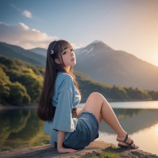  best quality , Masterpiece, extremely  Detailsed,  Detailsed background,  Detailsed eyes, Anime,  1 girl in the bush,  beautiful eyes,  young girl,   long haired girl  ,  expressive faces ,  kimono, Retro, 富士山のwind景,  outdoor , sunset, Beautiful sky,  PIC...