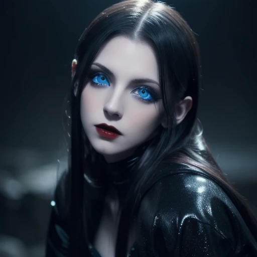 ((Masterpiece)),  super real,  portrait of a beautiful pale skinned vampire in a dark and gloomy environment (Black enamel),  heavy makeup,  bright blue eyes,  Portrait of a beautiful pale skinned vampire after leaning on  . ( The prompt is in Portuguese)