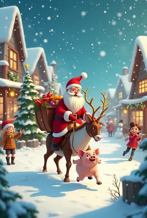 Create a clip of Santa riding a reindeer to go to give gifts on Christmas Day with a house pig. At Christmas, Santa runs playing in the village with the villagers, 1min long