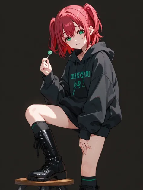  1 girl,  Kurosawa Ruby、  short hair while on a business trip、bangs、(  green eyes:1.3)、 Red Hair、Aqua Hitomi  、  two side up、smile、  ultra detail 、  mouths、whole body、big black hoodie 、  over knee socks、  standing、  holding candy 、  Long Boots  