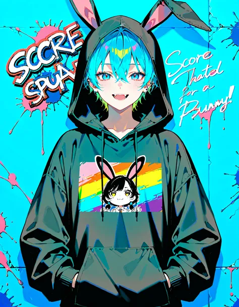 A 17-year-old androgynous boy with a mischievous smile, revealing his fangs. He is wearing a black hoodie with bunny ears, standing in front of a wall covered in graffiti and splattered paint. The boy has a playful and lively expression, with a hint of mis...