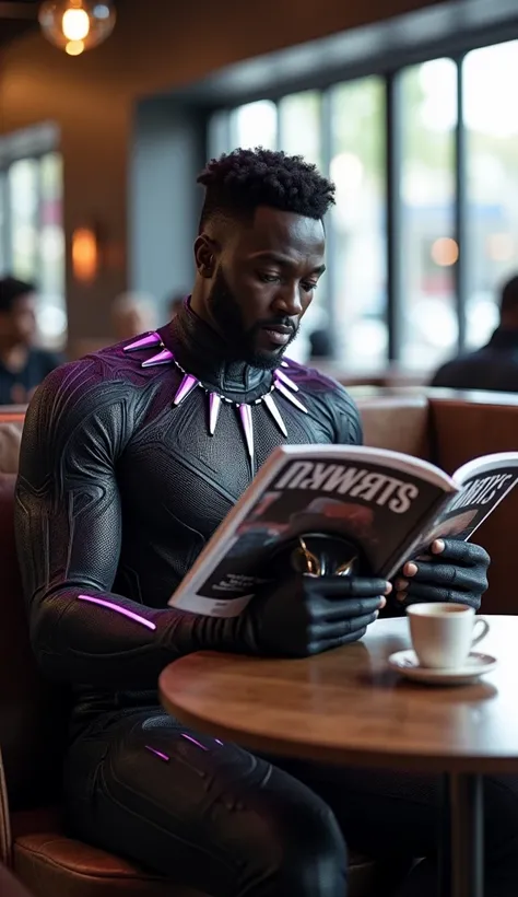 A hyper-realistic photograph of Black Panther (T’Challa) sitting in a sleek café with Wakandan-inspired design elements. He is wearing his vibranium suit, with faint purple energy lines pulsating across its surface. T’Challa holds a glossy magazine titled ...