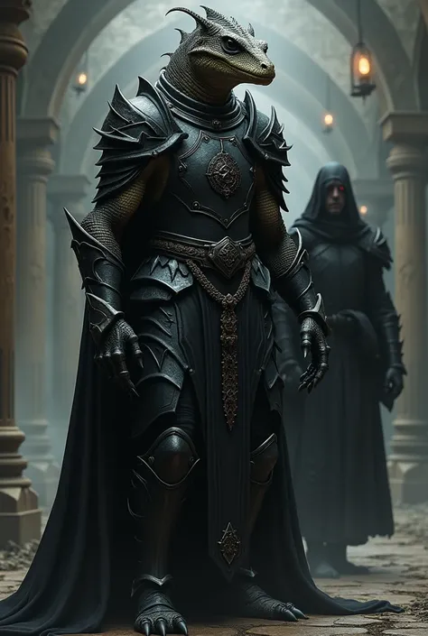 Human with a lizard skin, wearing a black armor, a dark humanoid creature figure, medieval fantasy theme