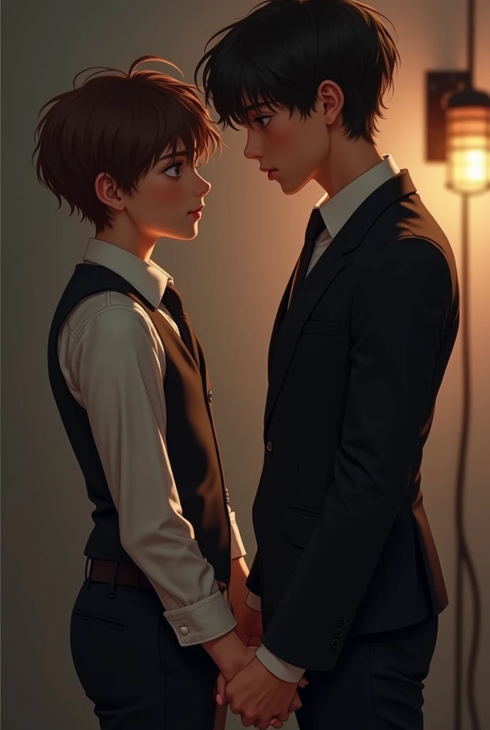 I want you to make me a realistic picture, Of a couple of two boys, You don't have to see their faces,  one of them has brown and wavy hair, And he's shorter in stature, The other one is straight and black and is taller in height. They must be holding hand...