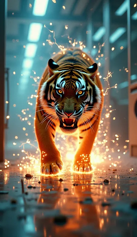 The tiger awakens, electricity surging through the glass, short-circuiting the lab. Sparks fly, the beast roars, charging itself for escape.