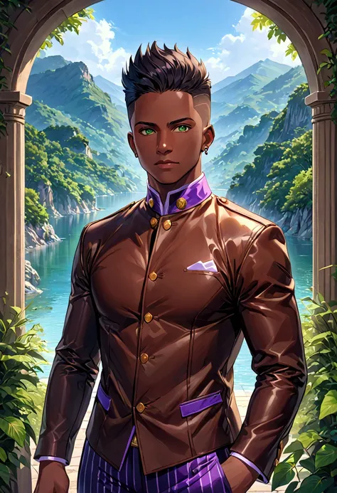 (8k, 4k, intricate),(half-body-shot:1), (highly detailed:1.2),(detailed face:1.2), (detailed background),detailed landscape, 1boy, (foco frontal),Anime - style illustration of a dark skinned man with faded haircut, black colored hair, emerald green eyes, f...