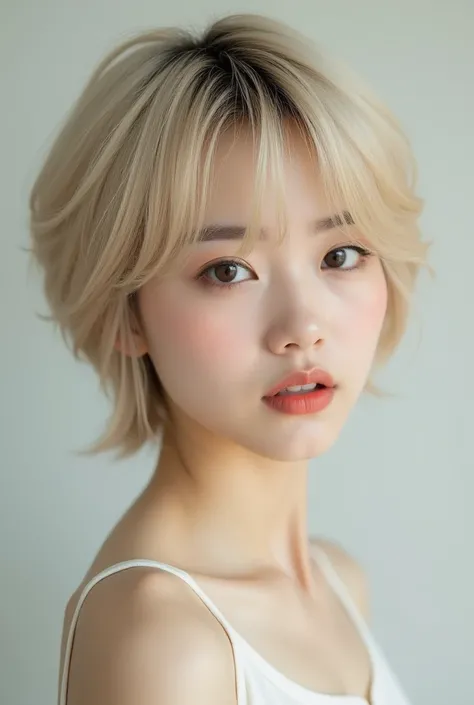 "The hair is uniformly dyed throughout in a light golden blonde from root to tip, with no dark shades.  Create a very realistic photo-style image of a young Korean woman with a short pixie hairstyle .   The hairstyle must look smooth, straight, and neatly ...