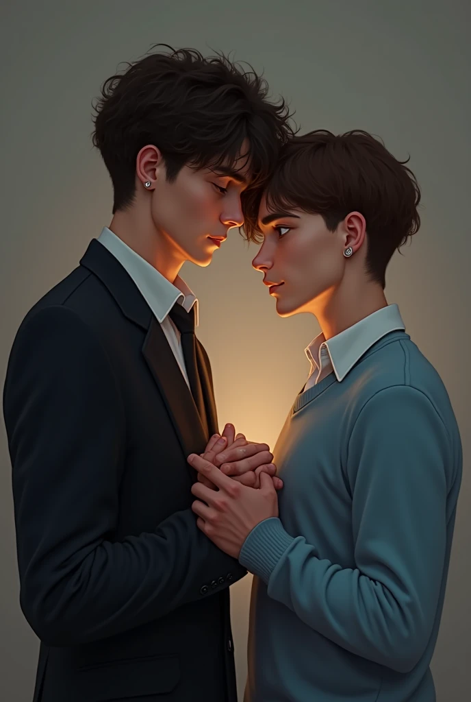 I want you to make me a realistic picture, Of a couple of two boys, You don't have to see their faces,  one of them has brown and wavy hair, And he's shorter in stature, The other one is straight and black and is taller in height. They must be holding hand...