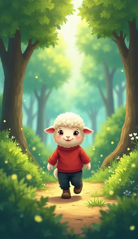 A picture of a little sheep walking among the trees wearing a red shirt and black anime pants