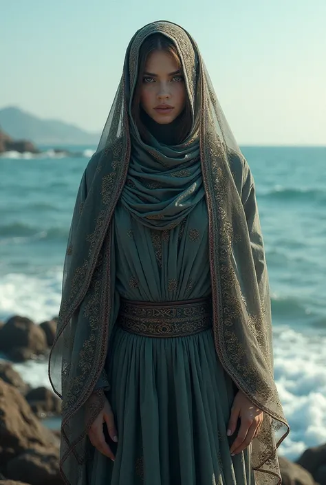 A woman in a beautiful niqab with the sea in the background