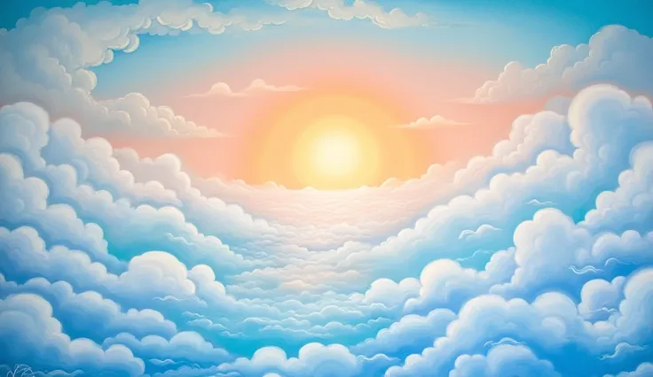 Mural Thai Painting. soft tone. Thai literature sky. heaven. cloudy sky. bright sun. soft cloud. Arts.