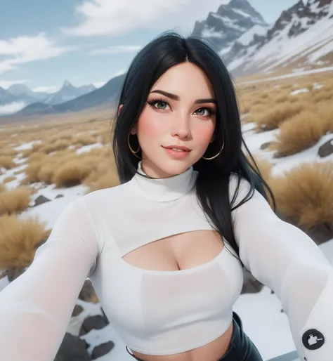 a close up of a woman in a white top and black pants, violet myers, 30-year-old woman from cuba, beautiful mexican woman, alanis guillen, with mountains in the background, instagram model, with mountains in background, in the mountains, with mountains as b...