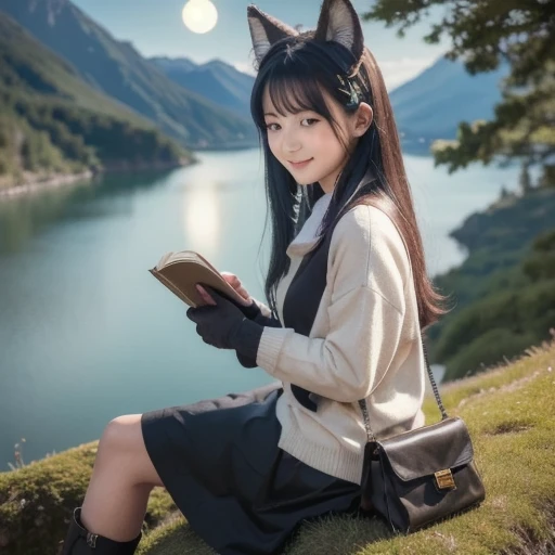 Masterpiece,  best quality ,,  1 girl in the bush,  is sitting, animal, animal ears, bird, black_hair, Books, Booksmark, branch,  gloves, ãã©ã¹ , green hair,  holding,  holding Books, Food, Food down, leaf,  watching viewers with the harbor at night in the...