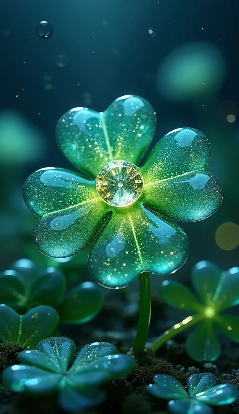 Night、青い光が照らす Fantasy   な幻想世界。 and a clover made of glossy, transparent green and blue glasswork bloomed all over the area。 The inside of a glass clover looks like a beautiful starry sky 、 shining brightly。 surrounded by glass clovers One large diamond jew...