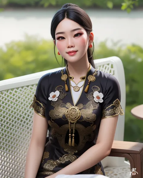 araffe asian woman sitting on a bench with a necklace on, in style of lam manh, cheongsam, ao dai, traditional tai costume, chinese dress, with acient chinese clothes, mai anh tran, traditional chinese, wearing ornate silk clothes, chinese style, tradition...