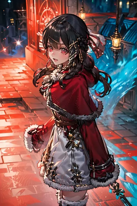 (masterpiece, best quality:1.2), 1girl, solo, black hair, red eyes, long hair, braids, (((red caplet, red coat of winter's outer, fur trim))), red knee high boots, bare thighs, (((full clothed, shoulders clothed))), red skirt, hair ornament, lolita, small ...