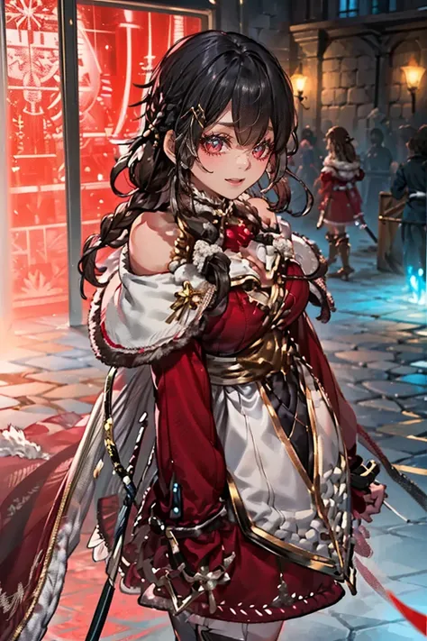 (masterpiece, best quality:1.2), 1girl, solo, black hair, red eyes, long hair, braids, (((red caplet, red coat of winter's outer, fur trim))), red knee high boots, bare thighs, (((full clothed, shoulders clothed))), red skirt, hair ornament, lolita, small ...