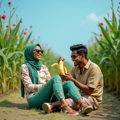 A happy Indian couple kajal posing in green sugarcane field, The girl is laughing and sitting funny pose on the ground with her legs by opening in air, He is standing with a big peeled banana in her laps, lady is wearing a vibrant fitting green hijab inclu...