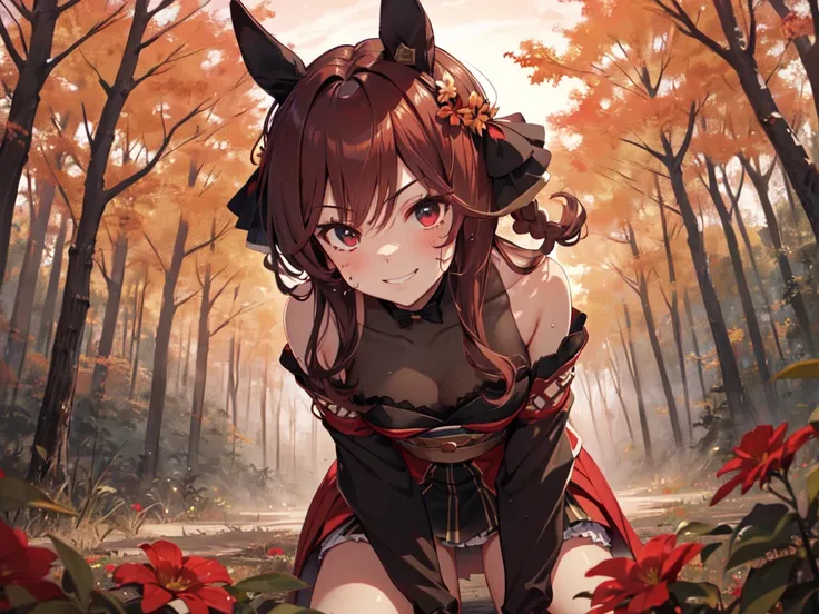 Masterpiece, oblique angle, close-up of upper body with focus on chest, solo, alone, outdoors, lots of red flowers, (red sky), autumn forest, (girl with horse ears), (female ninja, Japanese ninja costume, hair accessory), skirt, (looking up with a confiden...