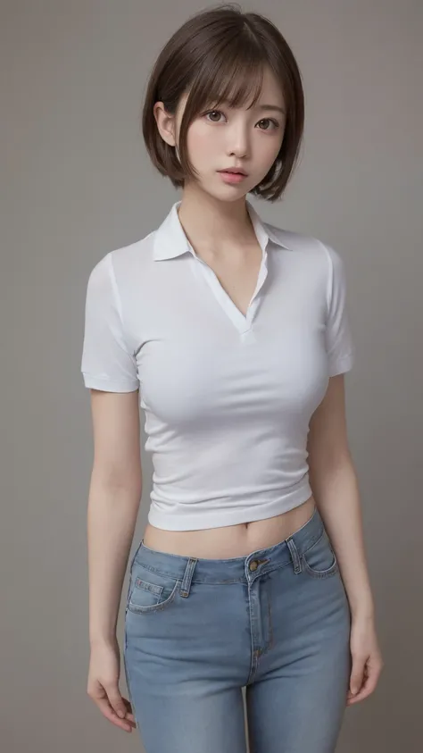 Japanese high school girl (tight-fitting cotton polo shirt) (tight-fitting blue jeans. These jeans are low-rise jeans.) (low waist) (bangs, brown hair, short hair) (piercing eyes) (baby face) () (sensual, plain gray background, sharp retouching, detailed r...