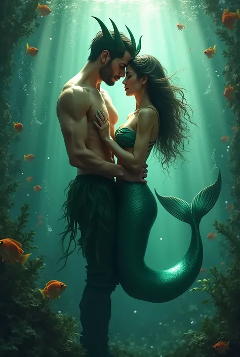 a man looks like succubus with her wife mermaid with green tail