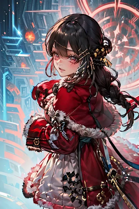 (masterpiece, best quality:1.2), 1girl, solo, black hair, red eyes, long hair, braids, (((cpct, red caplet, red coat of winter's outer, fur trim))), red knee high boots, bare thighs, (((full clothed, shoulders clothed))), red skirt, hair ornament, lolita, ...