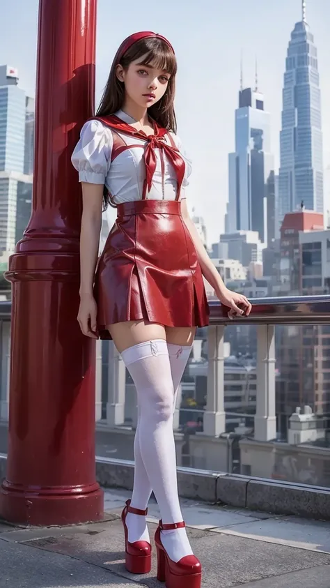 ((full body)), sfront view fitted figure , cute  beautiful age schoolgirl, beautiful cute curvy   face with big lips , ((High Waisted red leather skater pinafore dress)), ((transparent white tulle blouse short puffy sleeves)), High Waisted red leather fluf...